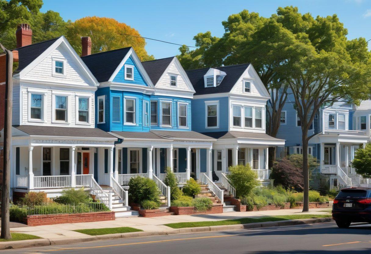 A vibrant street view of Somerville, showcasing charming houses, diverse rental properties, and a local park with people enjoying community activities. Include subtle details like for-sale signs, bicycles, and friendly neighbors chatting. The skyline can feature a mix of modern and classic architecture under a bright blue sky. super-realistic. vibrant colors. white background.