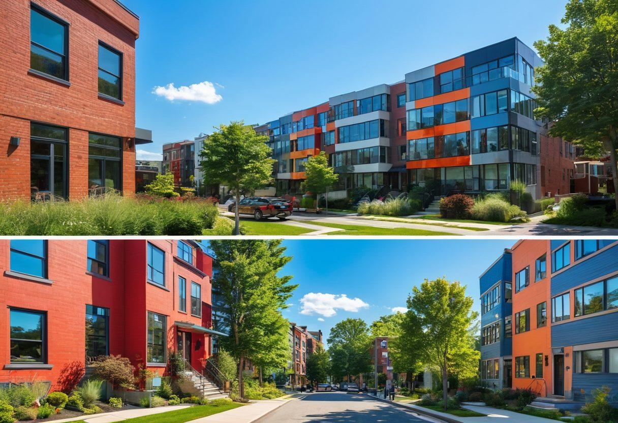 A split scene showcasing Somerville's housing market: on one side, a luxurious condo with sleek glass architecture and city views, and on the other, a quaint and cozy rental home with a charming garden. Integrate vibrant colors to depict a lively neighborhood atmosphere with people exploring, children playing, and greenery surrounding the buildings. The sky should be bright and inviting, reflecting a sunny day. super-realistic. vibrant colors.