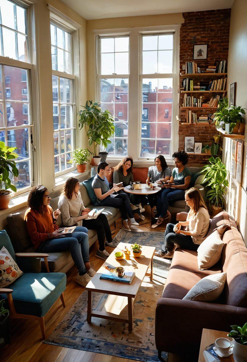 A cozy apartment interior showcasing a modern living space filled with plants, books, and community art on the walls. Sunlight streaming through large windows highlights a diverse group of friends enjoying tea together, symbolizing community living. Include elements of Somerville's urban vibe, like a view of colorful street art outside. super-realistic. vibrant colors. warm tones.